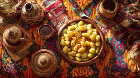 Homemade potato gnocchi served in a rustic bowl on a vibrant textile.の素材