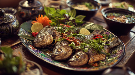 Delicious roasted fish served on a vibrant platterの素材