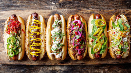 Gourmet hot dogs with diverse toppings on wood.の素材