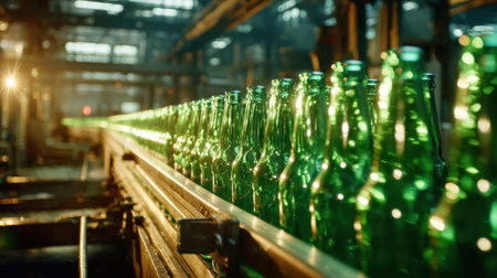 Green glass bottles transported on conveyor belt in factory.の素材