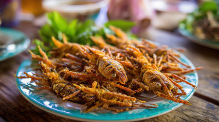 Golden fried insects served on a colorful plate.の素材