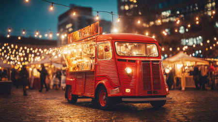 Red food truck glowing at night market.の素材