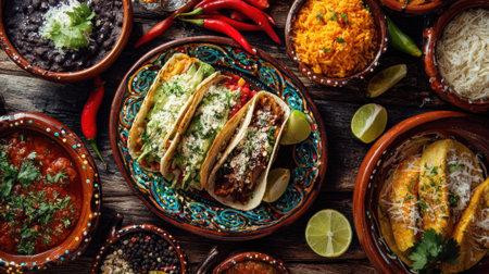 Authentic Mexican food spread on rustic table.の素材