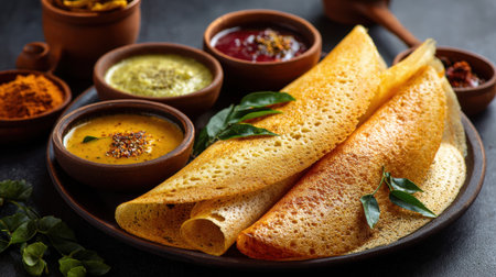 Golden dosa served with savory chutneys and sauces.の素材