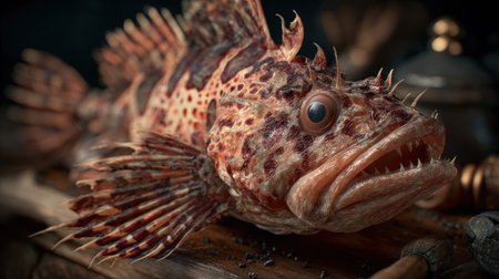 Detailed spiny rockfish with sharp teeth on wood.の素材