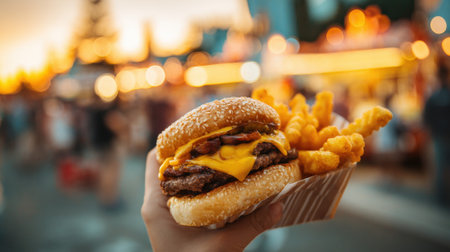 Hand holds cheeseburger and fries in vibrant bokeh.の素材
