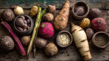 Assorted fresh root vegetables on rustic wood.の素材
