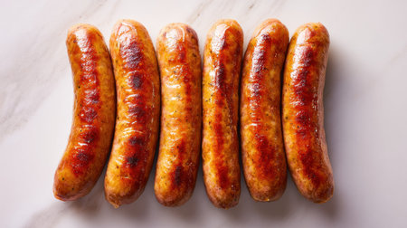 Grilled sausages resting on white marble surface.の素材