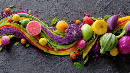 Vibrant raw produce forming a colorful wave on slate.の素材