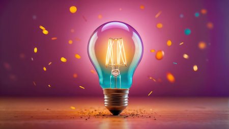 Glowing colorful light bulb illuminates creative idea concept.の素材