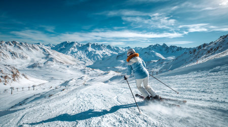 Female skier descending snowy mountain slope on sunny day.の素材