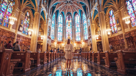 Woman exploring grand church interior with stained glass.の素材