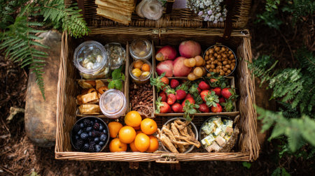 Picnic basket filled with fresh fruits and snacks in a forest.の素材