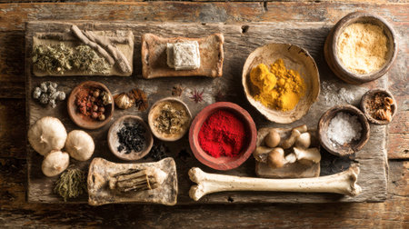 Mystical ancient ingredients and bones on a rustic wooden table.の素材