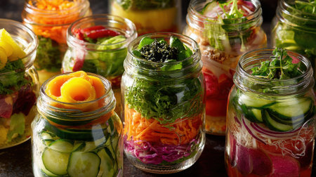 Colorful pickled vegetables neatly arranged in glass jars.の素材