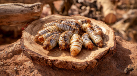 Edible grubs arranged on a rustic wooden plate outdoors.の素材