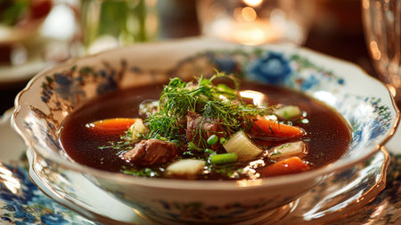 Warm beef and vegetable soup with fresh herbs in a decorative bowl.の素材