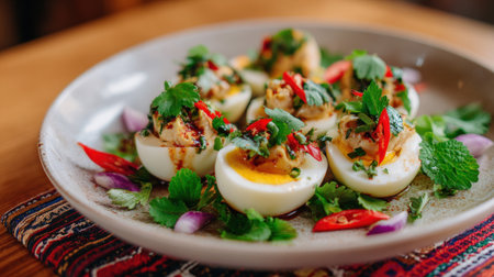 Gourmet deviled eggs served on a plate with fresh herbs and chili.の素材