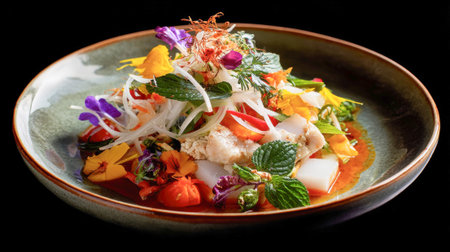 Gourmet fresh seafood salad with colorful edible flowers in a bowl.の素材