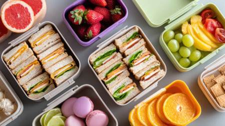 Colorful lunchboxes packed with healthy and balanced meals on a grey background.の素材