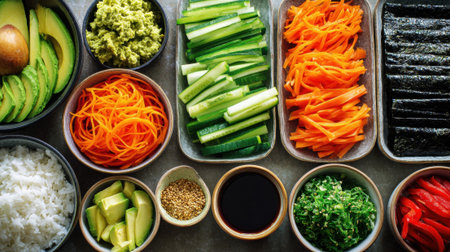 Colorful sushi ingredients with rice avocado cucumber carrots nori seaweed and sauces arranged in bowls for traditional Japanese cuisine meal preparation display.の素材