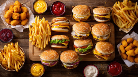 Delicious fast food burgers, fries, and nuggets on wood.の素材