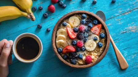 Healthy oatmeal breakfast bowl, served with fresh fruit.の素材