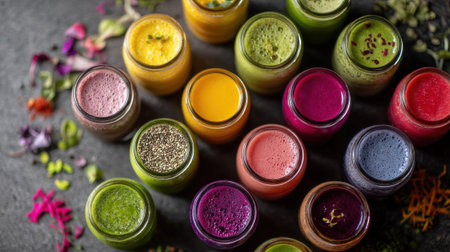 Vibrant healthy smoothies showcased in diverse jars.の素材