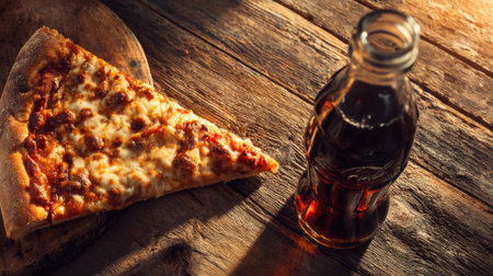 Tempting pizza slice with soda on rustic wood.の素材
