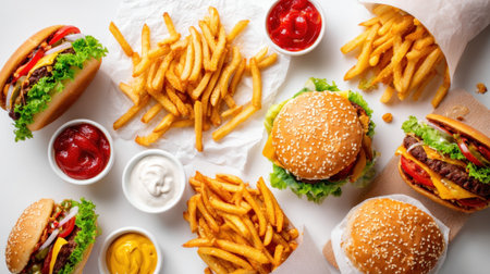Various delicious burgers and golden fries served.の素材