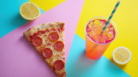 Colorful pizza, refreshing drink, and lemon on bright backdrop.の素材