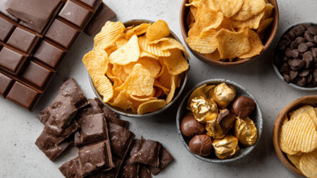 Chocolate and chips: an indulgent snack spread.の素材