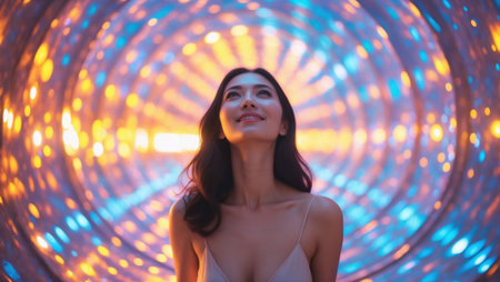 Woman smiling looking up in a vibrant bokeh tunnel.の素材