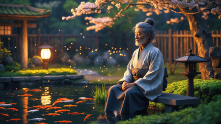 Elderly man contemplating koi fish in Japanese garden.の素材