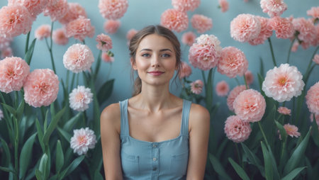 Gentle woman smiling in a beautiful pink flower garden.の素材