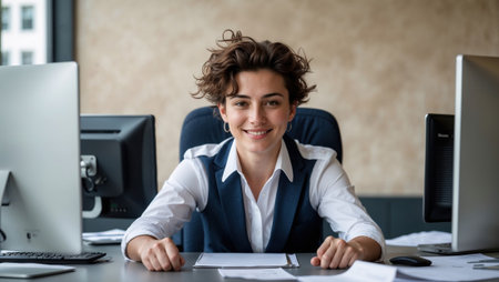 Young businesswoman smiling confidently at her office desk.の素材