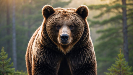 Brown bear staring intensely in a forestの素材