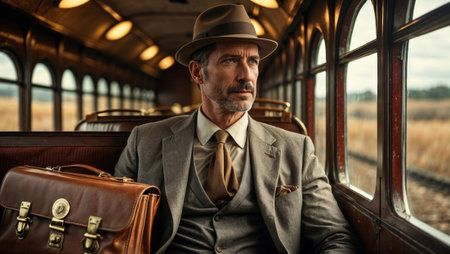 Man in suit travels by vintage train, gazing pensivelyの素材