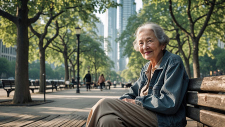 Senior woman smiling happily on park bench in sunshine.の素材