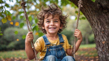 Happy boy swinging playfully on a tree swing.の素材
