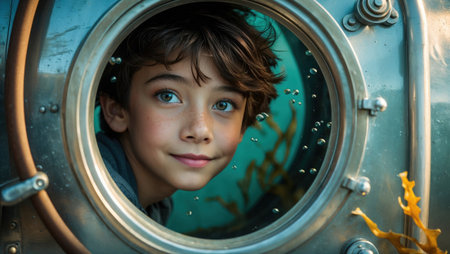 Boy smiling through porthole in underwater setting.の素材