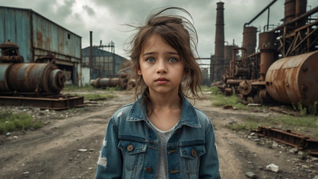 Young girl stares in industrial wasteland.の素材