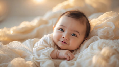 Cute smiling baby lying on soft blanket.の素材