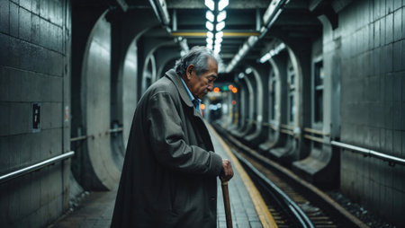Elderly man standing alone on a subway platform.の素材