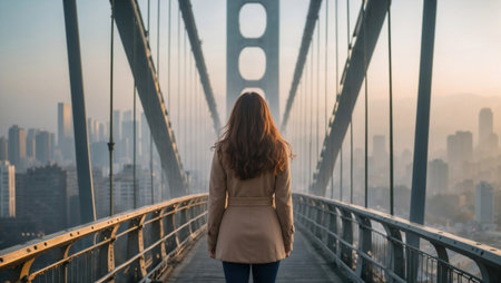 Woman on bridge gazing at hazy city skyline.の素材