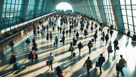 Travelers walking through a bustling modern airport terminal.の素材