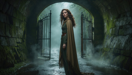 Mysterious woman in fantasy tunnel archway with fog.の素材