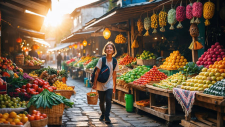 Happy girl walking through vibrant outdoor fruit market at sunset.の素材