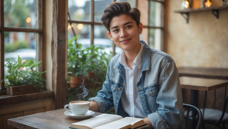 Young person smiling with coffee and book in cozy cafe.の素材