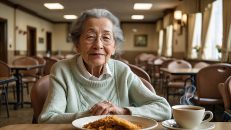 Elderly Asian woman smiling in a dining room with a meal.の素材
